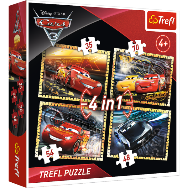 Set Puzzle 4 In 1 Trefl Disney Cars, Gata De Cursa 1X35 Piese, 1X48 Piese, 1X54 Piese, 1X70 Piese