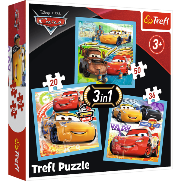 Set Puzzle 3 In 1 Trefl Disney Cars, Pregatiri Pentru Cursa, 1X20 Piese, 1X36 Piese, 1X50 Piese