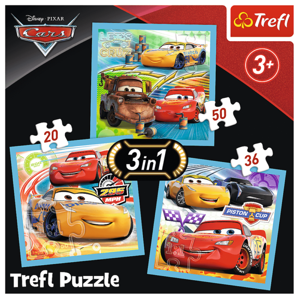 Set Puzzle 3 In 1 Trefl Disney Cars, Pregatiri Pentru Cursa, 1X20 Piese, 1X36 Piese, 1X50 Piese - Imagine 2