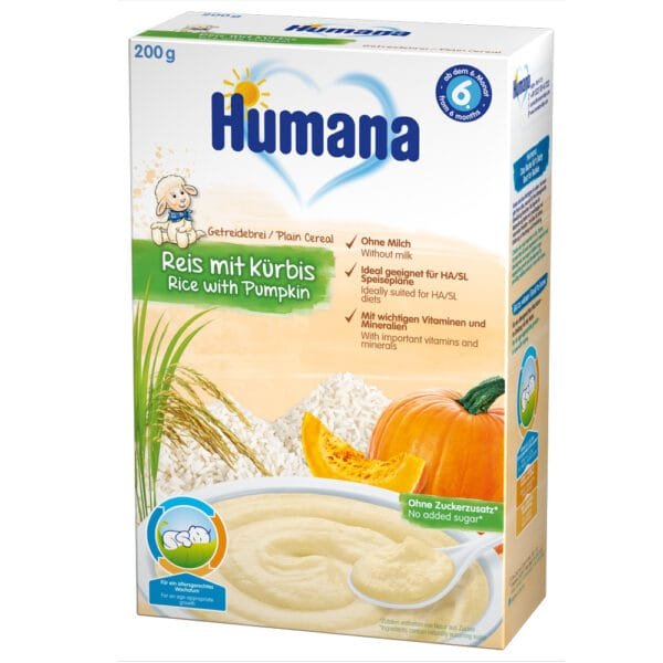 Cereale Humana Fara Lapte Cu Fulgi De Orez Si Dovleac De La 6 Luni 200 G