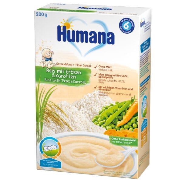 Cereale Humana Fara Lapte Cu Morcov Si Mazare De La 6 Luni 200 G