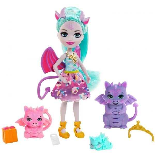 Papusa Enchantimals By Mattel Deanna Dragon Family Cu 3 Figurine Si Accesorii