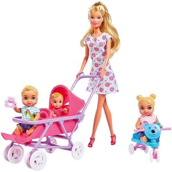 Papusa Simba Steffi Love 29 Cm Baby World In Rochie Cu Floricele, Cu 2 Copii, 1 Bebelus Si Accesorii