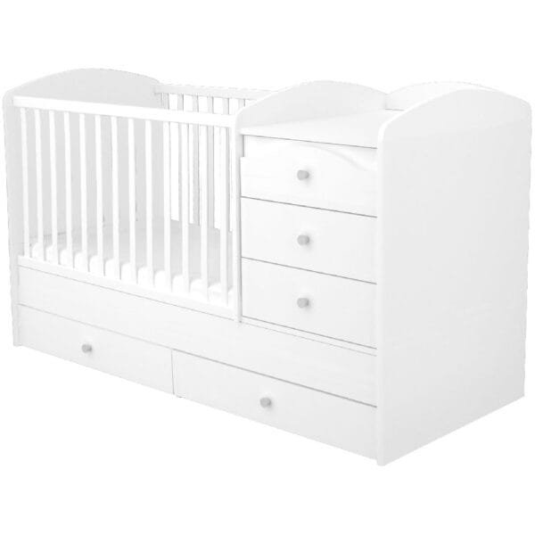 Patut Copii Transformabil Din Lemn Cu 5 Sertare Hubners Matei Maxi Kombi 120X70 Cm Alb