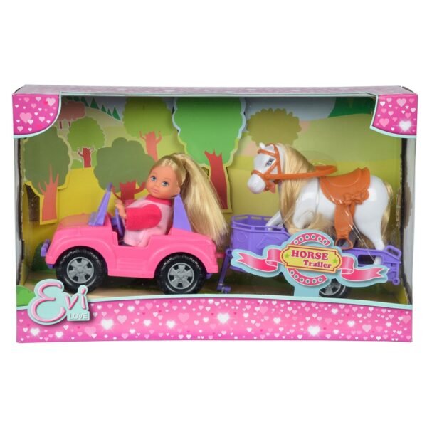 Papusa Simba Evi Love 12 Cm Evi Horse Trailer Cu Masina, Trailer Si Calut - Imagine 3