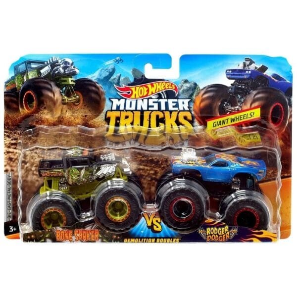 Set Hot Wheels By Mattel Monster Trucks Demolition Doubles Bone Shaker Vs Rodger Dodger - Imagine 2