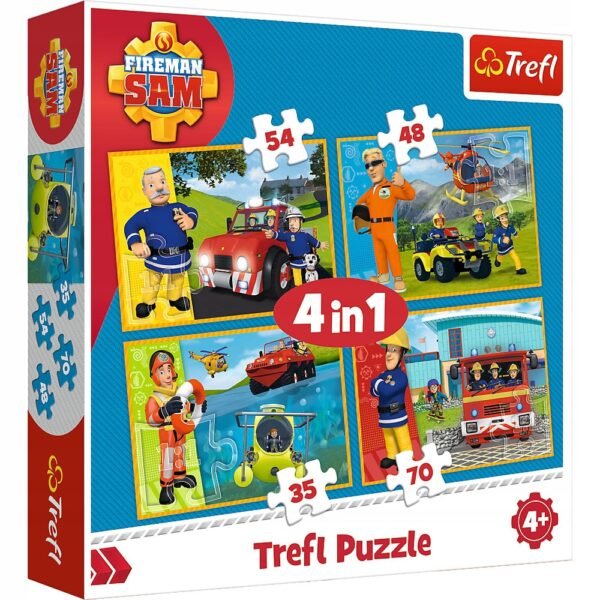 Set Puzzle 4 In 1 Trefl Fireman Sam, Pompierul Sam In Ajutor, 1X35 Piese, 1X48 Piese, 1X54 Piese, 1X70 Piese