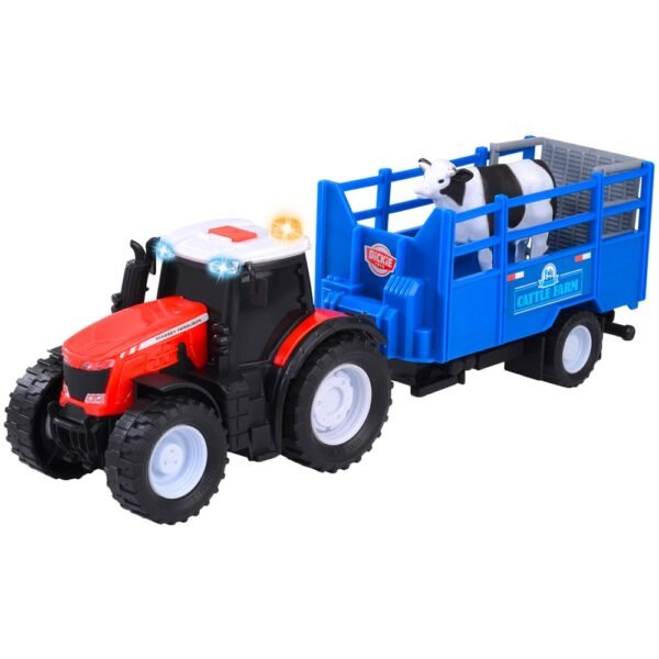 Tractor Dickie Toys Massey Ferguson Animal Trailer 26 Cm Cu Lumini, Sunete, Remorca Si Figurina Vaca