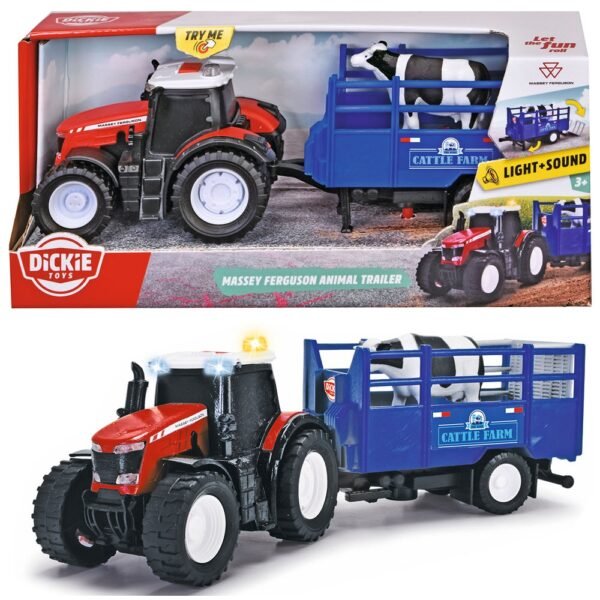 Tractor Dickie Toys Massey Ferguson Animal Trailer 26 Cm Cu Lumini, Sunete, Remorca Si Figurina Vaca - Imagine 11