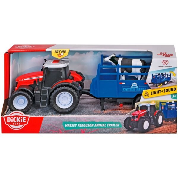 Tractor Dickie Toys Massey Ferguson Animal Trailer 26 Cm Cu Lumini, Sunete, Remorca Si Figurina Vaca - Imagine 12