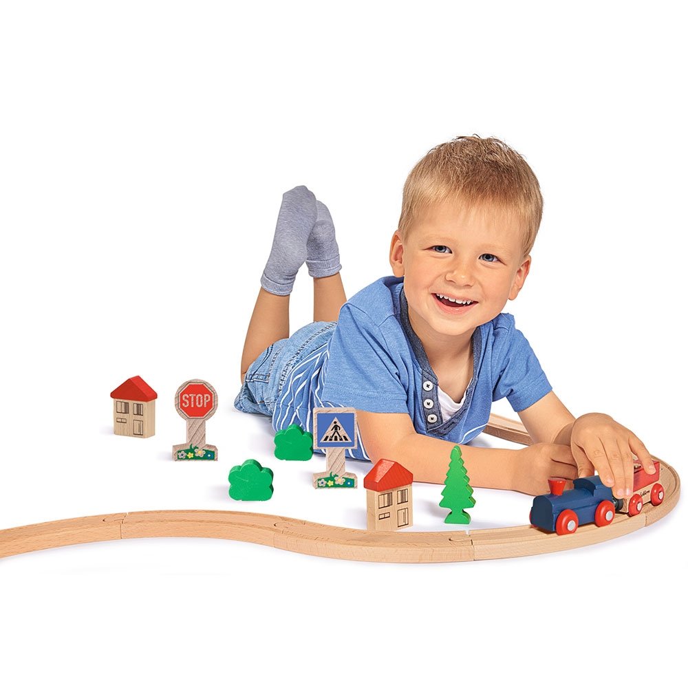 Set din lemn Eichhorn Tren albastru cu sina circulara si accesorii 4 Set din lemn Eichhorn Tren albastru cu sina circulara si accesorii - Image 3