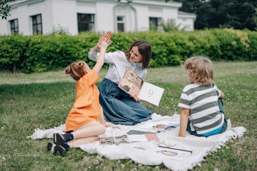 A teacher engaging with children in an outdoor reading session, showcasing education and interaction.