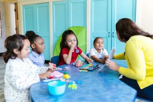 A group of preschoolers interacting with a teacher in a colorful classroom setting.