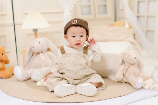 Cute Asian child wearing a beanie, sitting among plush toys in a cozy bedroom setting.