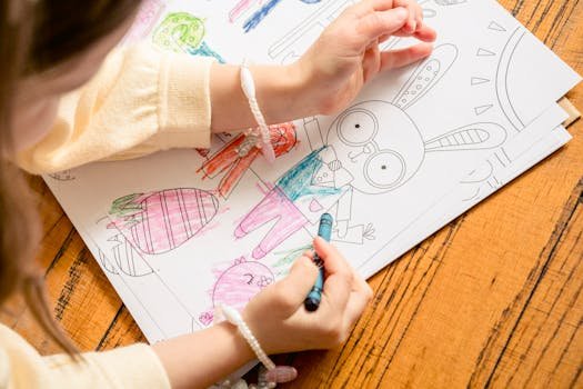From above of crop unrecognizable girl in casual clothes drawing in coloring book in daylight