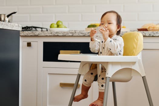 Adorable toddler in a high chair enjoying a drink in a modern kitchen setting.