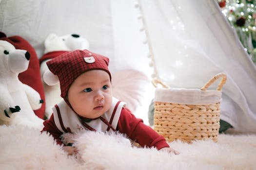 Cute baby dressed in red holiday outfit surrounded by plush toys and decor in a cozy room.
