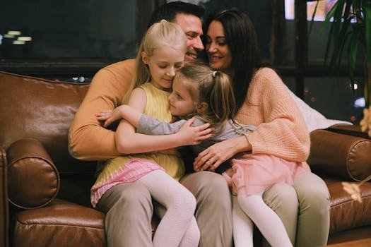 A joyful family shares a warm embrace on a comfortable leather sofa at home.