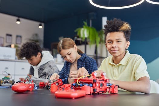 Three kids collaborating on a robotics project in a modern classroom setting.