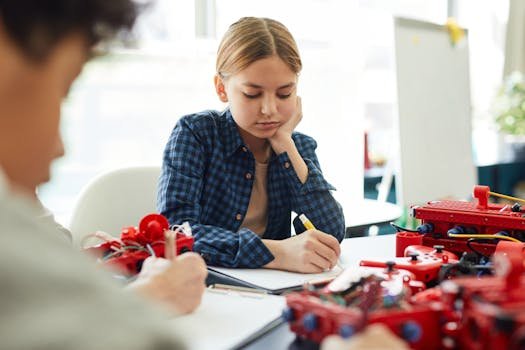 Teen girl concentrating on a robotics project, showcasing STEM education in a classroom setting.
