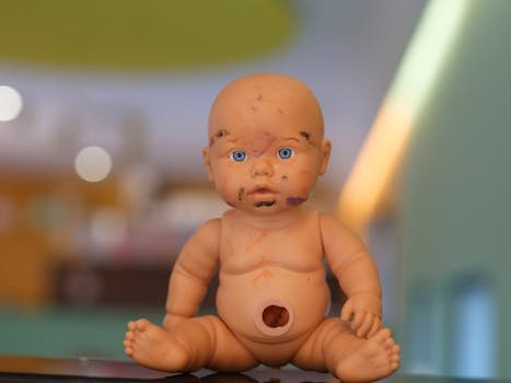 A close-up photo of a baby doll with blue eyes, marked with ink, showcasing childhood imagination.
