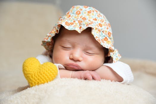 Cute baby sleeping peacefully with a floral hat and yellow heart plush in Mendoza, Argentina.
