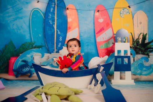 Colorful children's nautical theme with surfboards and toy boat.