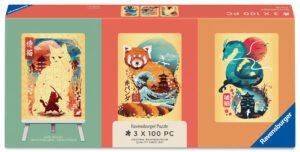 Ravensburger Puzzle 3x100 Pieces: Ukiyo-E Cat Warrior, Red Panda and Dragon & Easel Set