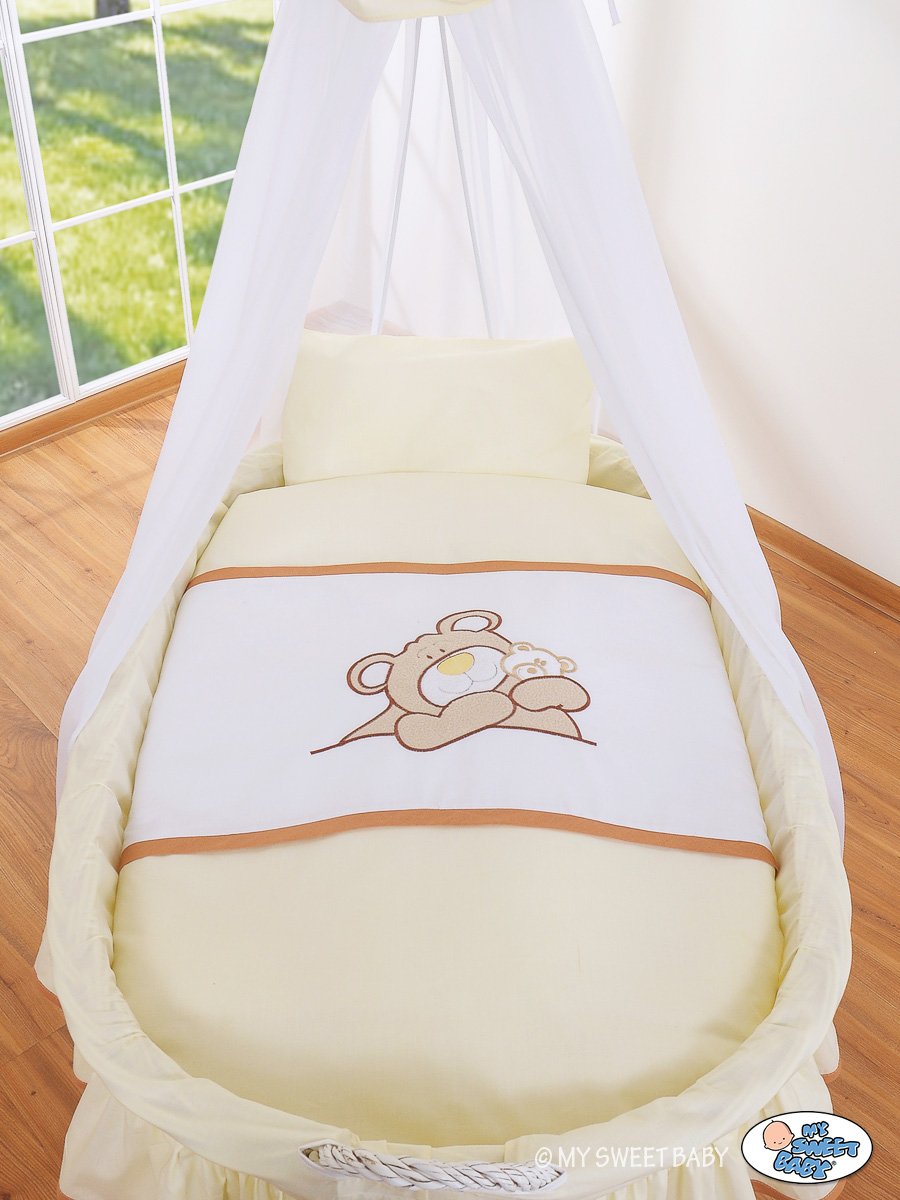 Coș Moses din nuiele cu baldachin Barnaba Bear – așternut alb + crem - imagine 2
