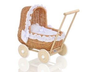Cărucior de păpușă din nuiele cu lenjerie albă - natural