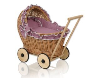 Cărucior de păpușă din nuiele cu lenjerie de pat, trandafir prăfuit și căptușeală moale CHIARA - natural