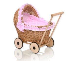 Cărucior de nuiele cu lenjerie roz și căptușeală moale CHIARA - natural