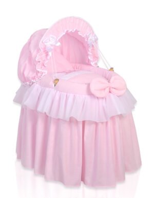 Pătuț din nuiele pentru păpușă Moses coș pentru păpuși cu glugă LITTLE PRINCESS roz