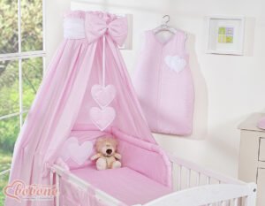Baldachin din material textil - Hanging Hearts cu buline albe pe fond roz
