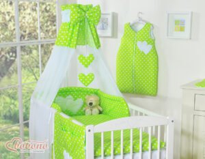 Baldachin din șifon - Inimile atârnate cu puncte albe pe fond verde