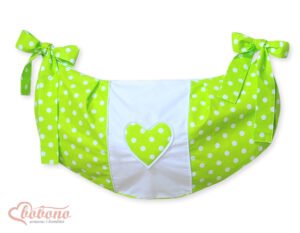 Geantă de jucării - Inimioare agățate, puncte albe pe fond verde
