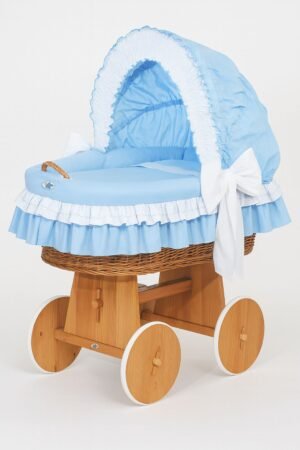 Pătuț cu glugă din nuiele Moses Basket Bellamy - natural + așternut albastru