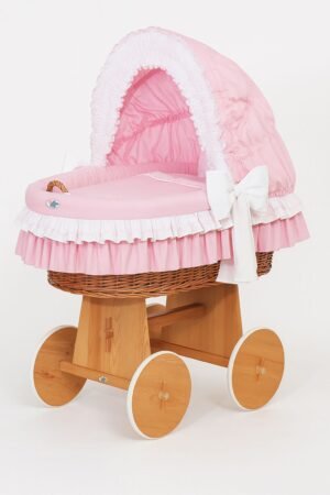 Pătuț cu glugă Moses Basket Wicker Bellamy - natural + lenjerie roz