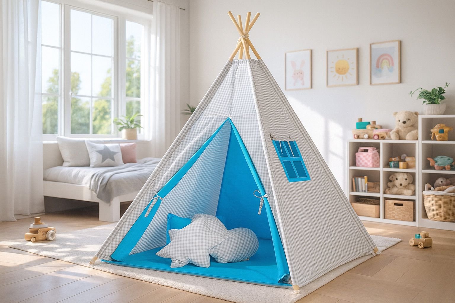 Cort Teepee pentru copii + pene decorative - Gri în carouri - turcoaz - imagine 2