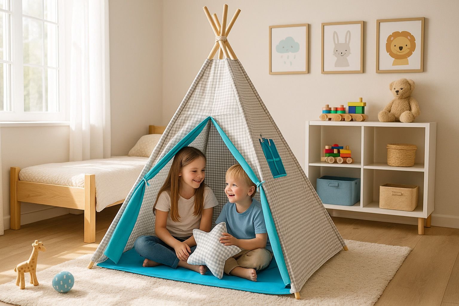 Cort Teepee pentru copii + pene decorative - Gri în carouri - turcoaz - imagine 3