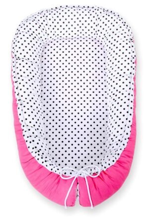 Cuibul de bebeluș cu două fețe Premium Cocoon pentru sugari BOBONO- balck dots/ roz închis