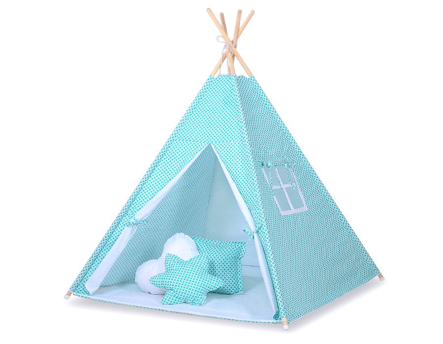 Cort Teepee pentru copii + covoraș de joacă + perne + pene decorative - Flori de mentă/alb