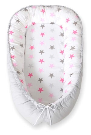 Cuib de bebeluș cu două fețe Premium Cocoon pentru sugari BOBONO- stele roz-gri/gri