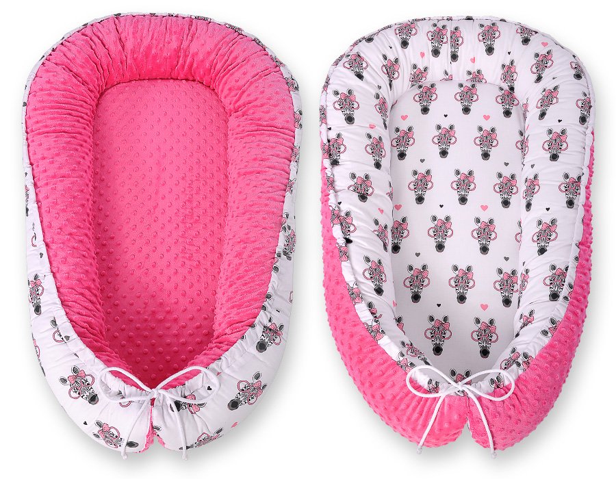 Cuibul de bebeluși cu cocoon Premium cu două fețe pentru sugari BOBONO minky - zebre roz - imagine 3