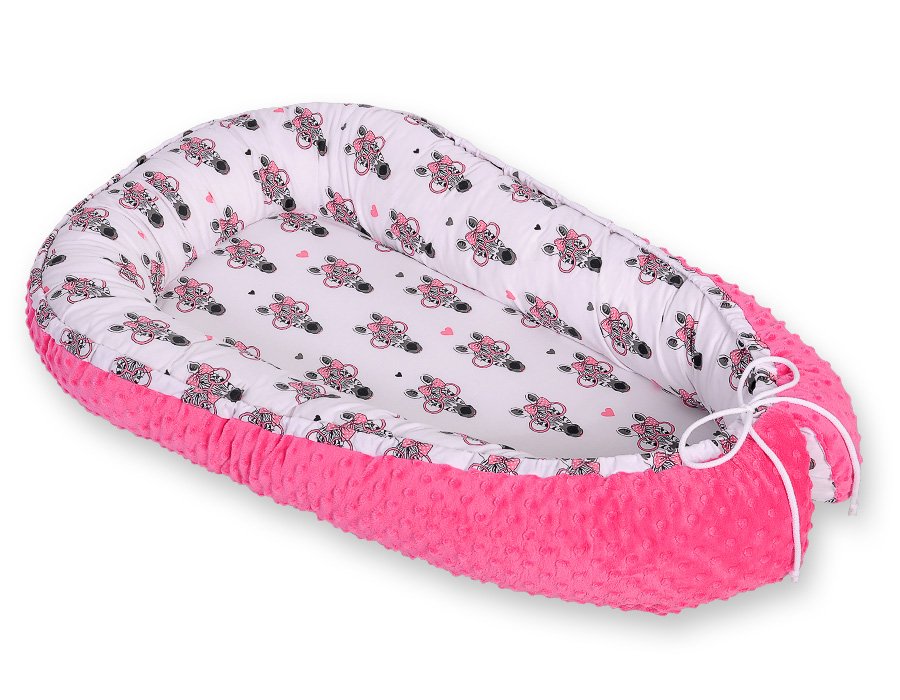 Cuibul de bebeluși cu cocoon Premium cu două fețe pentru sugari BOBONO minky - zebre roz - imagine 4