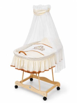 Coș Moses din nuiele cu baldachin Teddy Bear Barnaba – așternut natural + crem