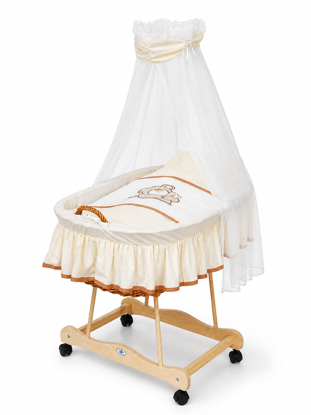 Coș Moses din nuiele cu baldachin Teddy Bear Barnaba – așternut natural + crem