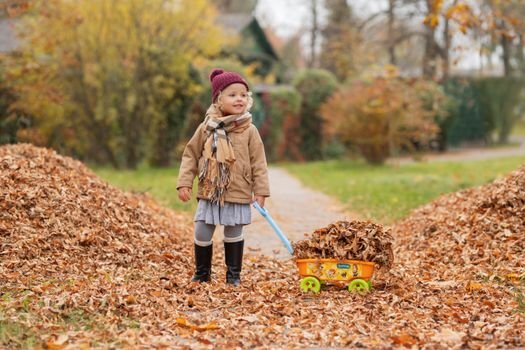 A cute child wearing a jacket and beanie plays with a toy cart filled with leaves during autumn.