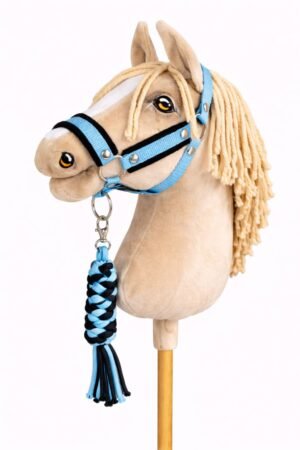 Set pentru Hobby Horse: halter A3 cu negru blănos + Cablu din cablu - negru-albastru deschis