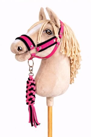 Set pentru Hobby Horse: halter A3 cu negru blănos + Cablu din cablu - negru-roz închis